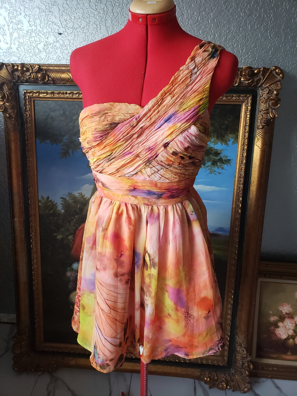 dELiA*s One-Shoulder Peach Multicolor Watercolor Mini Dress